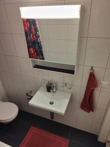 a bathroom with a white sink and a mirror at Stadt nah, Modern, bequem, in Thun