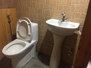 a bathroom with a toilet and a sink at Tribeni Lodge Restaurant And Bar in Phakding