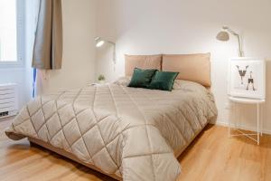 1 dormitorio con 1 cama grande y 2 almohadas verdes en H11 [The King's Apartment] Ariston - Centro, en San Remo