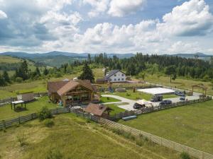 an aerial view of a farm with a barn at Prosilva House in Topliţa