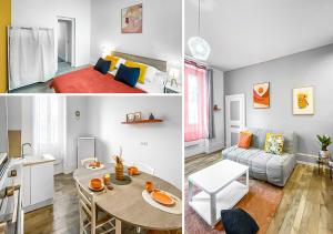 a kitchen and a living room with a table and a couch at Une halte sympa! in Montluçon
