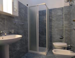uma casa de banho com um chuveiro, um WC e um lavatório. em Appartamento Comino Sole Sea View em Siniscola