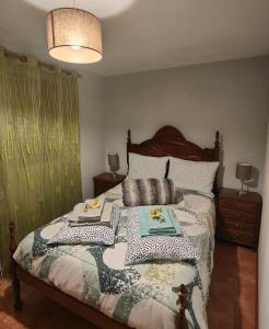1 dormitorio con 1 cama con 2 almohadas en Casinha da Ladeira 3360, en Penacova