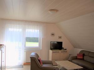 a living room with a couch and a tv at Unterfalkenhof in Schramberg