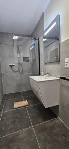 a bathroom with a shower and a sink and a tub at Gartenstudio Anila in Cochem