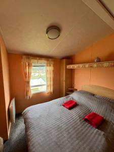 a bedroom with a bed with two red pillows on it at Beautiful 2 bedroomed mobile home in Aberystwyth