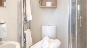 een badkamer met een toilet en een douche met handdoeken bij Floating Home at Burton Waters in Lincoln
