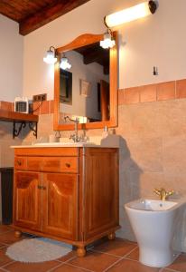La salle de bains est pourvue d'un lavabo, d'un miroir et de toilettes. dans l'établissement Sombra del Laurel, à Valleseco