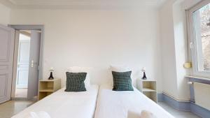 zwei Betten in einem Zimmer mit zwei Fenstern in der Unterkunft Appartements Rue du Chêne in Mulhouse