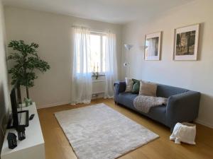 a living room with a blue couch and a rug at Spacious 1 bedroom flat, Lidingo in Kottla