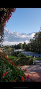 a park with flowers and a mountain in the background at Pension Mirabelle in Ellmau
