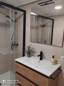 een badkamer met een wastafel en een douche met een spiegel bij Pueblo Quinta in Benalmádena