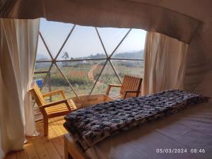 a bed in a room with a large window at Kodai Glamp in Kodaikānāl