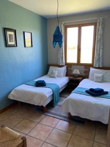 2 Betten in einem Zimmer mit 2 Fenstern in der Unterkunft A Gaillut in Caupenne-dʼArmagnac