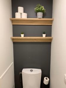 a bathroom with a toilet with a shelf above it at Studio pour séjours d’affaires à La Défense in Courbevoie