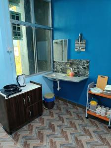 a bathroom with a sink and a blue wall at SR KAMPAR HOMESTAY in Kampar