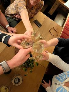 a group of people holding up wine glasses at a table at Pension Mirabelle in Ellmau