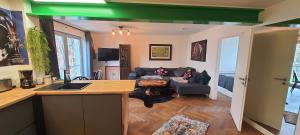 a kitchen and living room with a green ceiling at Small Lake Apartment in Bergisch Gladbach