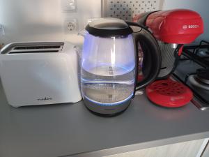 una jarra de agua sentada en un mostrador junto a una tostadora en Mobil-Home pour 6 personnes (3 chambres), en Narbona