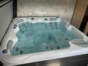 a jacuzzi tub in a bathroom with blue water at Noel Apartman in Sásd