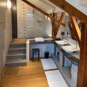 łazienka z 2 umywalkami i kabiną prysznicową w obiekcie Maison d'Hôtes des Hauts de la Piquante Pierre w mieście Basse-sur-le-Rupt