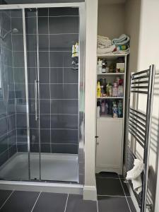 a shower with a glass door in a bathroom at Comfortable Short Stay in Dublin in Dublin