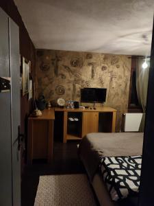 Cette chambre comprend un lit et un bureau avec une télévision. dans l'établissement Etno selo naša avlija, à Blace