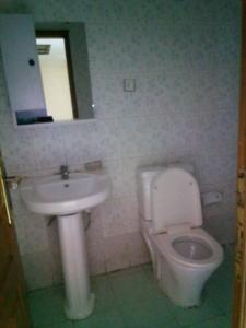 uma casa de banho com um lavatório, um WC e um espelho. em Cozy Homestay Private Room: Home-Away-Home em Addis Ababa
