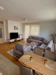 uma sala de estar com um sofá, uma mesa e uma televisão em Gray Apartment 1 Pristina em Pristina