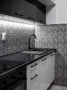 a kitchen with a sink and a tile wall at Apartman PLATINUM in Doboj