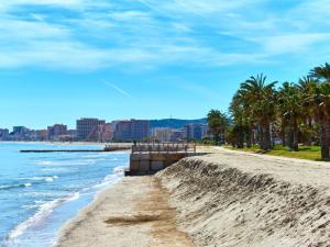 a sandy beach with palm trees and the ocean at Apartamentos Portofino 3000 in Oropesa del Mar