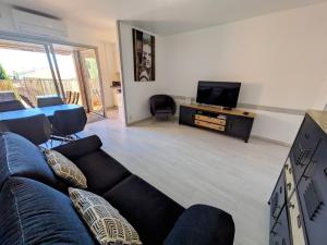 ein Wohnzimmer mit einem Sofa und einem TV in der Unterkunft Appartement central avec parking, terrasse et WIFI in Collioure