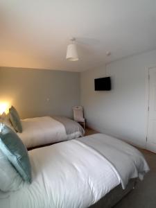 2 camas en una habitación con TV en la pared en Fairwinds Guest Accommodation en Doolin