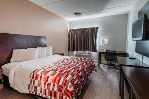 Habitación de hotel con cama y escritorio en Red Roof Inn San Antonio - Seaworld Northwest en San Antonio