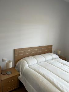 um quarto com uma grande cama branca e uma cabeceira em madeira em Exyca Castellana em Madri
