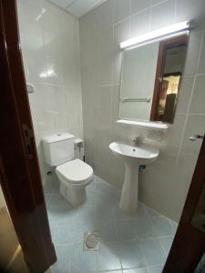 a bathroom with a toilet and a sink and a mirror at orient 1 BHK APARTMENT in Ajman 