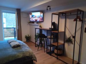 a bedroom with a bed and a tv on the wall at Nettes Apartment priv. Eingang nähe Weinheim/HD/MA in Birkenau