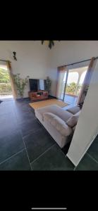 a living room with a couch and a television at Maison de charme à Gourbeyre avec vue mer et montagnes in Gourbeyre
