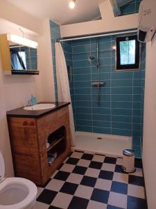 a bathroom with a shower and a sink and a toilet at De Vijver in Geel