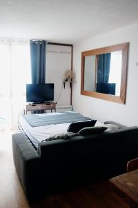 - une chambre avec un lit et un miroir mural dans l'établissement Charmant Appartement Les temples du Soleil, à Font-Romeu-Odeillo-Via