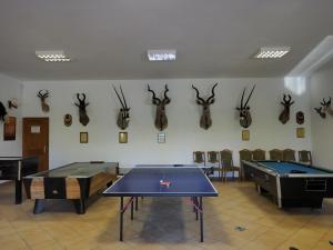 a room with ping pong tables and antlers on the wall at Rókabérc Vadászház Hotel in Erdőbénye