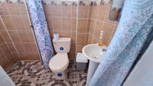 een kleine badkamer met een toilet en een wastafel bij Casa Yelitza in San Pedro La Laguna