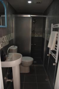 La salle de bains est pourvue de toilettes, d'un lavabo et d'une douche. dans l'établissement love 34 hotel istanbul, à Istanbul