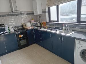 una cucina con armadi blu e lavatrice di Cottage Style in Ystrad, Double room a Llwyn-y-pia