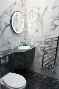 a bathroom with a toilet and a sink and a mirror at Fountain Hotel in London