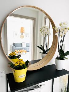 a mirror on top of a black table with flowers at Elizabeth Garden Premium Apartment in Kecskemét
