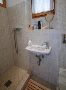een badkamer met een wastafel en een douche bij Birdnest Apartment in Boedapest