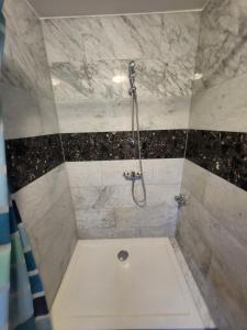 uma casa de banho com um chuveiro com um dreno em Pension Einzellzimmer mit extra bad zimmer 25 