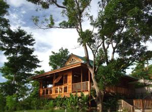 a cabin in the woods with a tree at Castara Retreats in Castara