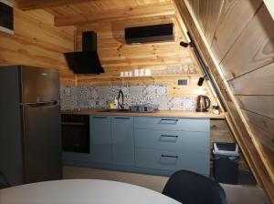 a kitchen with blue cabinets and a stainless steel refrigerator at Vila Isidora in Berovo